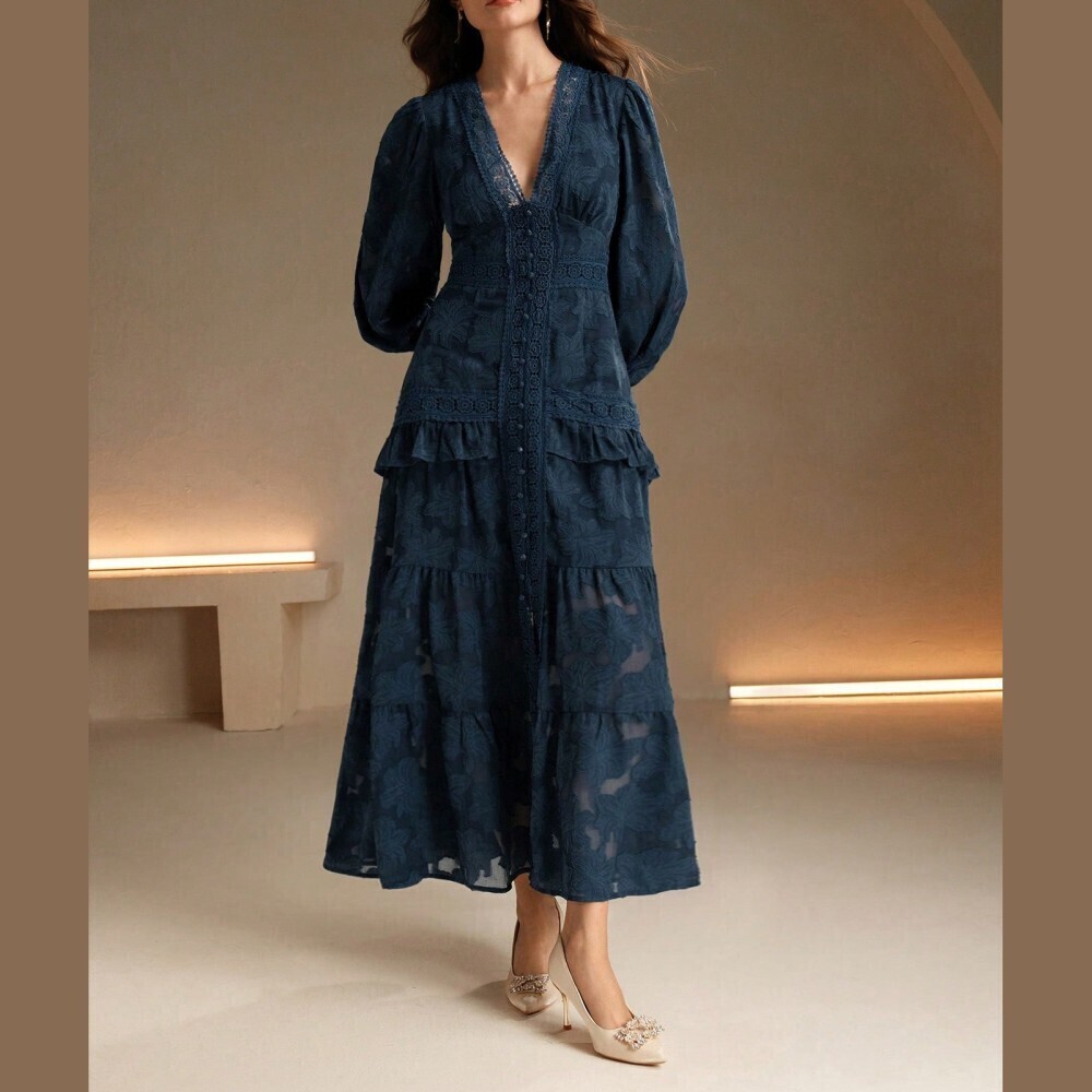 Navy Blue Floral Jacquard Lace Trim Tiered Ruffle Maxi Dress